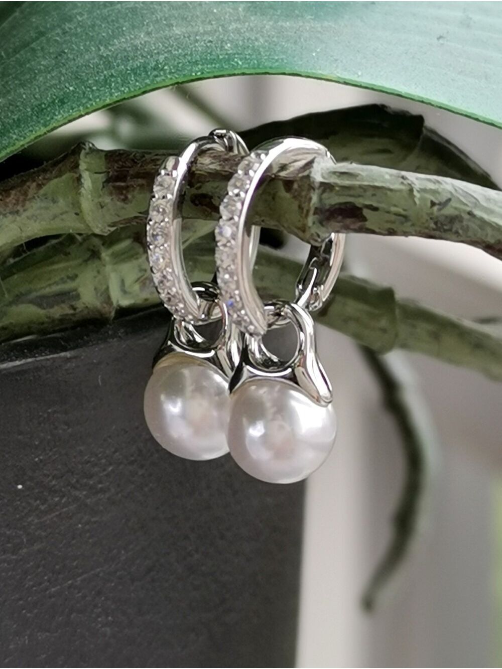 Sterling Silver Convertible Swarovski White pearl dangle drop CZ Hoop earrings